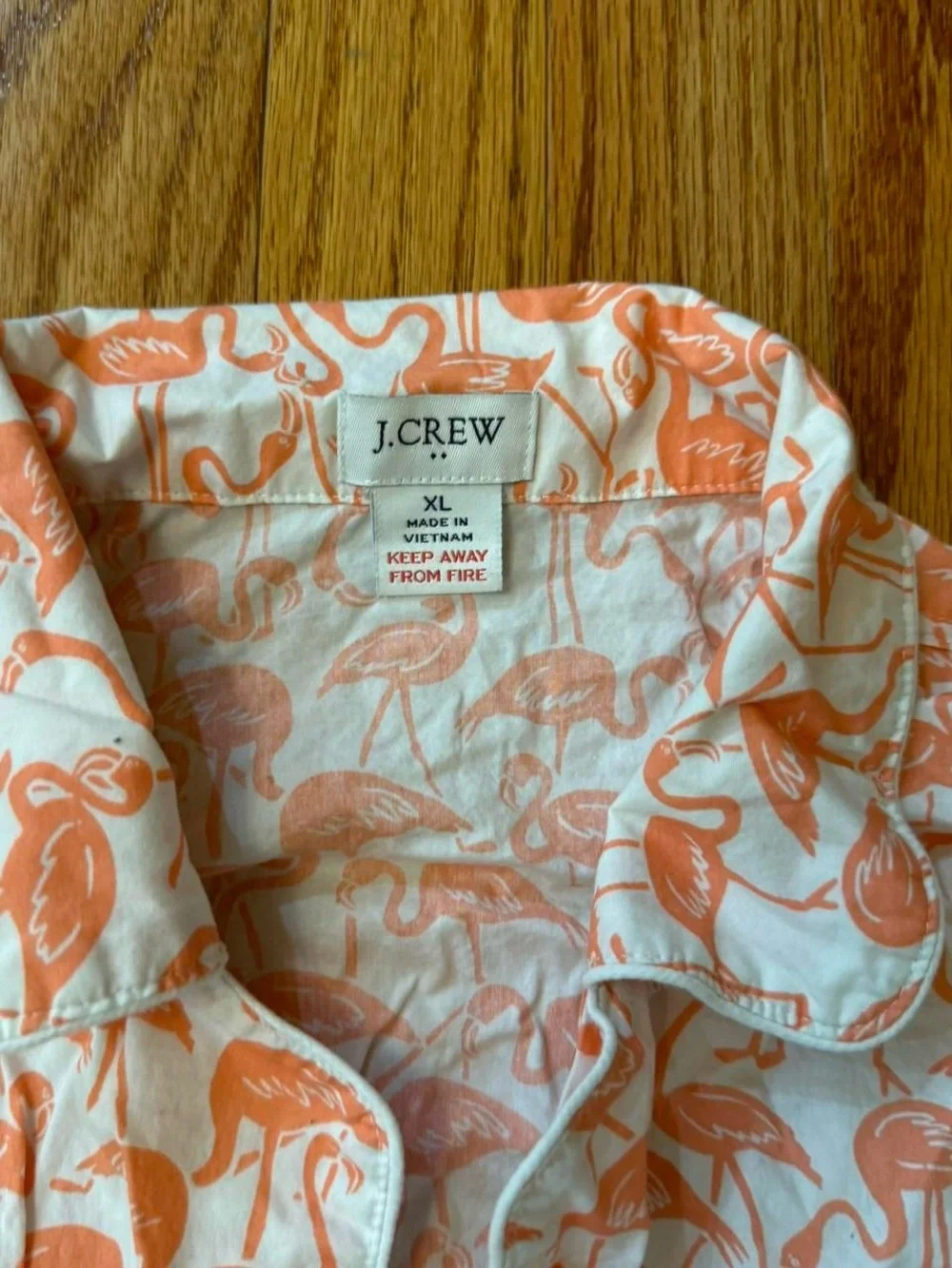 jcrew button up pajama top with coral colored flamingos